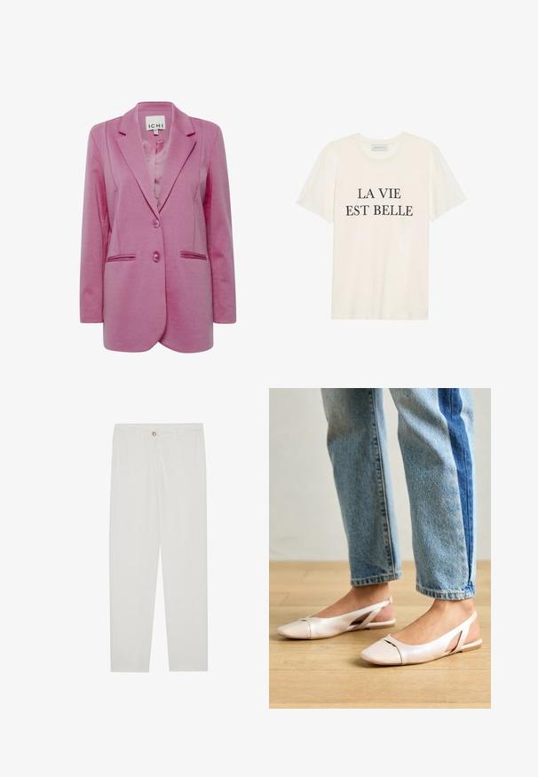 Rózsaszín zakó, testre szabott fazonban, két gombbal, kihajtott gallérral és oldalsó zsebekkel. Simább anyag, enyhén texturált felülettel.; Krém színű, rövid ujjú pamut póló, kerek nyakkal. Az elején középen fekete felirat olvasható: "LA VIE EST BELLE".; Fehér, testreszabott nadrág egyenes szárú szabással, gombos záródással, övcsatolókkal és oldalsó zsebekkel; sima textúrájú anyag.; Világos rózsaszín slingback laposlábú cipők, hegyes orral, sima bőrhatású anyagból készült. Oldalt kivágott részletek találhatók rajta, valamint lapos sarkú.