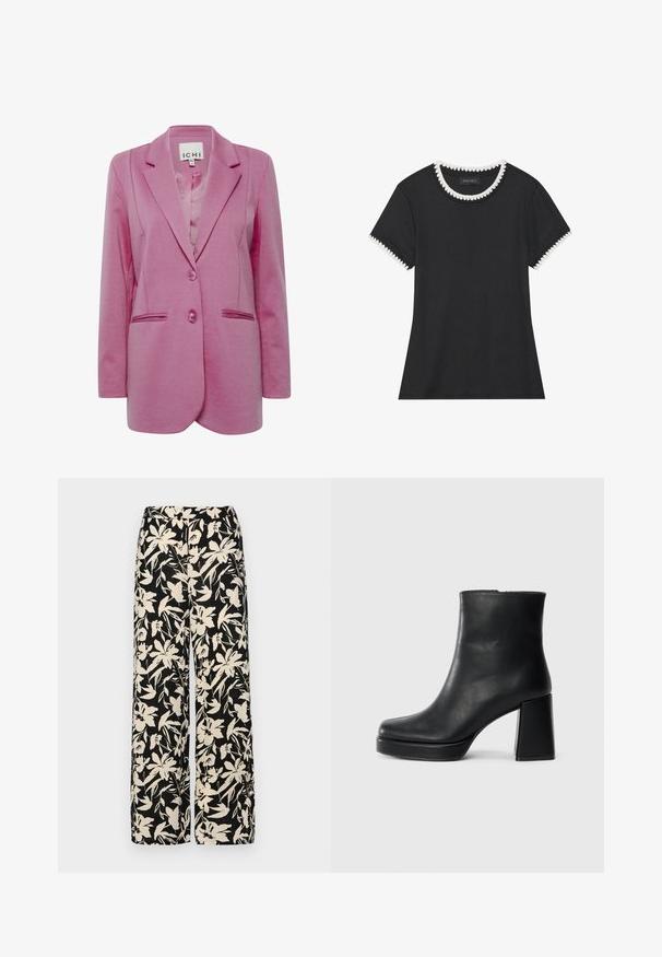 Rózsaszín zakó, testre szabott fazonban, két gombbal, kihajtott gallérral és oldalsó zsebekkel. Simább anyag, enyhén texturált felülettel.; Fekete póló bordázott textúrával, kerek nyakkivágással, fehér csipkeszegéllyel, és rövid ujjakkal, amelyek harmonizáló csipkeszegéllyel készültek.; Fekete, bő szárú nadrág krém színű virágmintával. Könnyű anyagból készült, sima tapintású és magas derékrésszel rendelkezik.; Fekete bőr bokacsizma tömbsarkal és platform talppal, oldalról nézve, sima fehér háttéren.