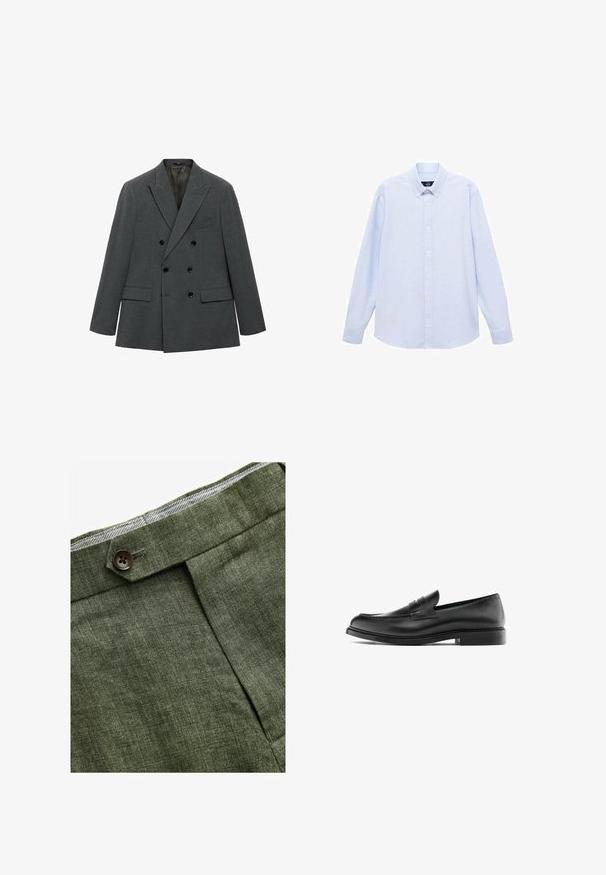 Tweekleurige blazer in donkergrijs stof, met een slank ontwerp, pieklapels, twee voork nazo kken en zwarte knopenaccenten.; Lichtblauwe overhemd met lange mouwen, knoopsluiting en een klassieke kraag, met een rechte zoom en een subtiele textuur. Voorzien van een centrale knoopsluiting.; Olijf groene linnen broek met een voorplooi, voorzien van een knoopsluiting en een contrasterende geruite voering bij de tailleband.; Zwarte leren penny loafer met lage hak, ronde neus en gestikte details langs de bovenkant, weergegeven in zijprofiel op een witte achtergrond.