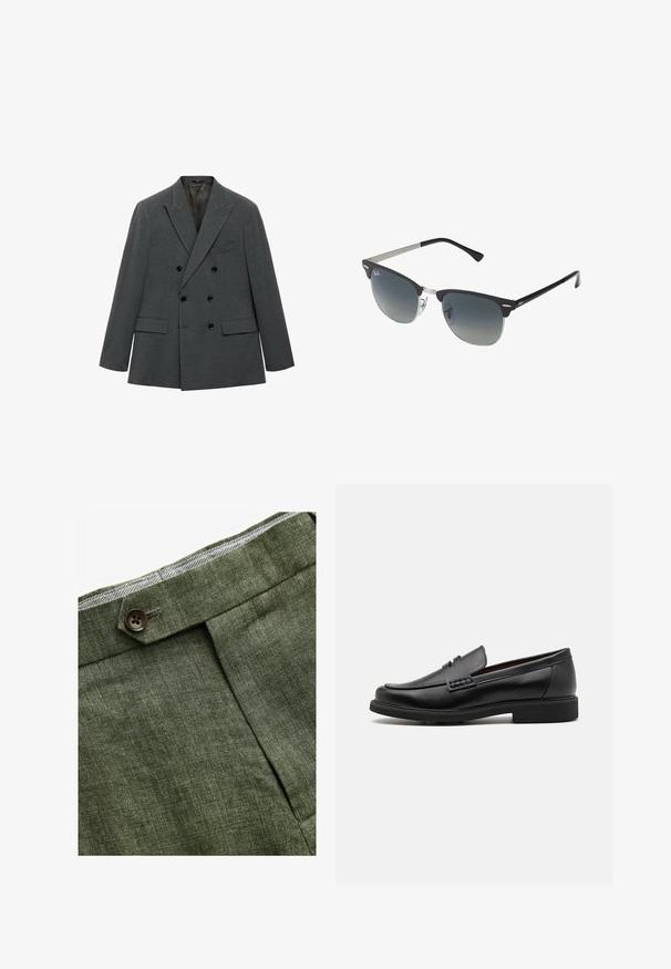 Dvojradový blejzer z tmavošedej tkaniny, ktorý sa vyznačuje elegantným dizajnom, špicatými klopami, dvoma prednými vreckami a čiernymi gombíkmi.; Svetlomodrá košeľa s dlhým rukávom a gombíkmi, s klasickým golierom, rovnými okrajmi a jemnou textúrou. Obsahuje centrálny gombíkový zapínací systém.; Olivové ľanové nohavice s predným záhybom, so zapínaním na gombík a kontrastnou kockovanou podšívkou na pase.; Čierne syntetické poltopánky s výrazným prešitým predným detailom, vycpanou vnútornou stielkou a plochou gumovou podrážkou; elegantný dizajn s minimálnym zdobením.; Čierne a strieborné slnečné okuliare v tvare mačacích očí so stupňovými šošovkami a kovovými akcentmi na ráme. Plastové nožičky s šedými koncami.