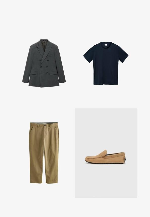 Dvouřadový blejzr z tmavě šedé látky, s elegantním designem, špičatými klopami, dvěma předními kapsami a černými knoflíkovými detaily.; Námořnický modrý tričko s krátkým rukávem vyrobené z měkké bavlny, s kulatým výstřihem a čistým, rovně střiženým lemováním bez viditelných vzorů.; Khaki chinos vyrobené z bavlněné směsi, se dvěma bočními kapsami, zapínáním na knoflík, rovnými nohavicemi a hladkou texturou.; Béžová semišová mokasína s prošívanou špičkou, nazouvací design a černá gumová podešev. Na boku se nachází nenápadné logo.