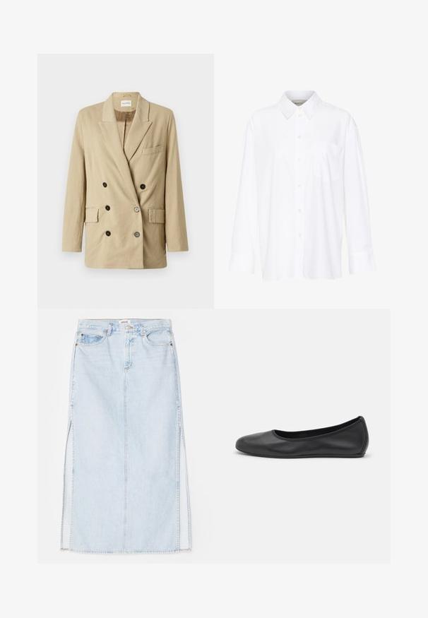 Blazer beige de linho com frente de botão duplo, lapelas em pico, dois bolsos frontais e botões pretos. Apresenta um design minimalista e um tecido texturizado.; Camisa branca de manga longa com colarinho feita de algodão. Apresenta uma parte frontal com botões e um único bolso no peito. Textura suave, corte descontraído.; Saias maxi de denim azul claro com corte reto, apresentando aberturas laterais e design de cinco bolsos. Costura proeminente e fecho com botão metálico.; Bailarina preta em pele com bico arredondado, textura suave, detalhe de costura minimalista e design de sola flexível.