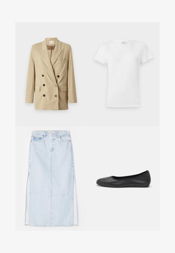 Beige linen blazer with double-breasted front, peak lapels, two front pockets, and black buttons. Features a minimalistic design and textured fabric.; White cotton t-shirt with a crew neckline and short sleeves, featuring a relaxed fit and minimalistic design. Tag visible at the neck.; Light blue denim maxi skirt with a straight cut, featuring side slits and five-pocket design. Prominent stitching and metal button closure.; Black leather ballet flat with a rounded toe, smooth texture, minimal stitching detail, and a flexible sole design.