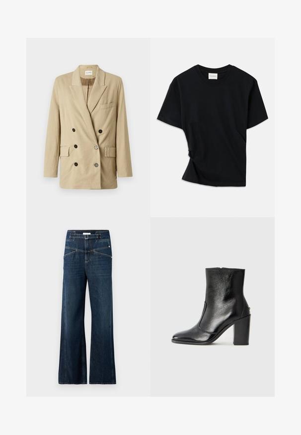 Beige linnekavaj med dubbelknäppt front, spetsiga slag, två framfickor och svarta knappar. Har en minimalistisk design och texturerad tyg.; Svart t-shirt i mjuk bomull, med rund halsringning, korta ärmar och en lätt snedvriden design för en avslappnad passform.; Breda jeans i mörkblå denim med hög midja, två framfickor och kontrasterande sömdetaljer.; Svart läderankelboot med en slät yta, spetsig tå och en kraftig hög klack. Har en sidöppning och ett minimalistiskt design.