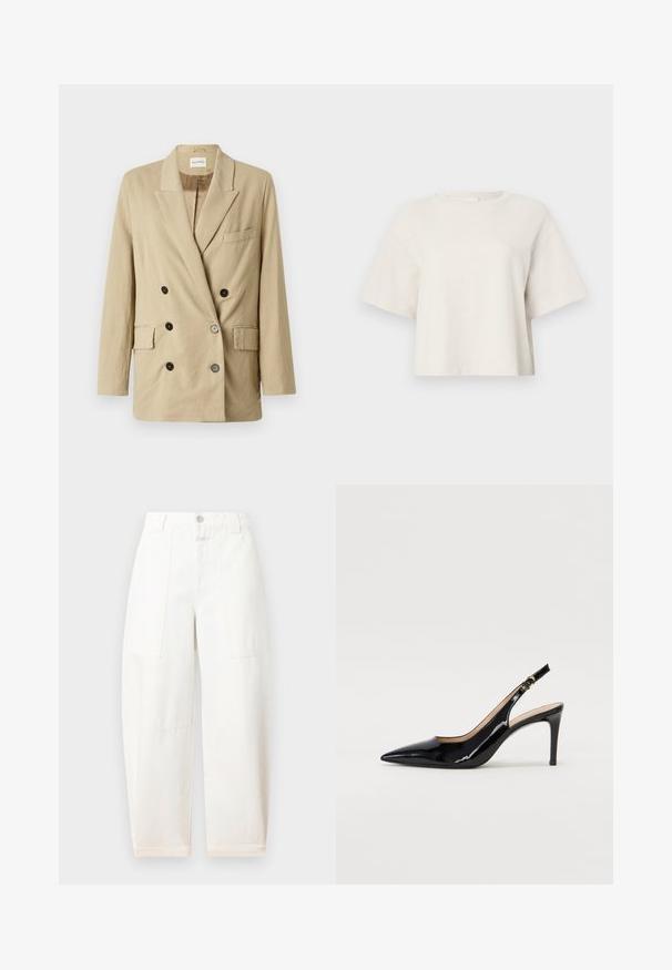 Blazer in lino beige con chiusura doppiopetto, rever a punta, due tasche anteriori e bottoni neri. Presenta un design minimalista e un tessuto texture.; T-shirt cropped color crema realizzato in tessuto a coste, con scollatura rotonda e maniche corte in una vestibilità rilassata.; CLOSED RHANNON - Wide Leg - ivory; Pumps slingback in pelle verniciata nera con punta affilata, tacco sottile e un design con ritagli delicati. Caratterizzate da una fibbia dorata sul cinturino.