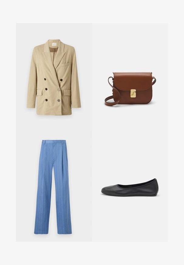 Blazer din in bej, cu croială dublu în față, rever ascuțit, două buzunare frontale și nasturi negri. Prezintă un design minimalist și un material texturat.; Tricou alb cu mânecă scurtă, confectionat dintr-un material texturat. Gât rotund, tăietură regulară și detalii subtile de cusătură. Fără modele sau grafice.; Pantaloni largi de culoare bleu deschis, cu dungi verticale albe. Confectionați dintr-un material neted, cu pliuri frontale și un design curat al taliei.; Balerini din piele neagră, cu vârf rotund, textură netedă, detalii de cusătură minimale și un design al tălpii flexibil.; Geantă de piele maro cu închidere tip capac, accesorii de culoare aurie, curea de umăr și o textură netedă. Formă compactă și rectangulară.
