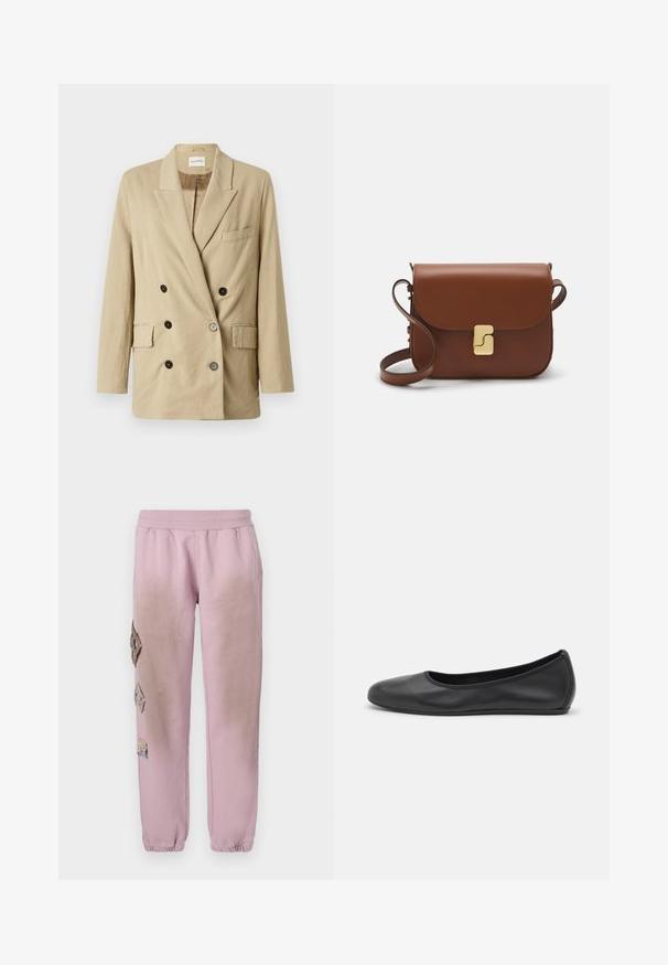 Beige len blézer, dupla soros gombolással, csúcsos hajtókával, két elülső zsebbel és fekete gombokkal. Minimalista dizájnjával és texturált anyagával tűnik ki.; Fehér, rövid ujjú póló ribbed anyagból. Kerek nyakkivágás, normál szabás és diszkrét varrási részletek. Nincsenek minták vagy grafikák.; Rózsaszín melegítőnadrág elasztikus derékkal, bal oldalon gyémánt alakú dekoratív foltokkal és elasztikus szárakkal az bokákon.; Fekete bőr balettcipő lekerekített orral, sima tekstúrával, minimális varrással és rugalmas talp kialakítással.; Barna bőr kézitáska, hajtókás zárással, arany színű fém kiegészítőkkel, vállpánttal és sima felülettel. Kompakt téglalap alakú.