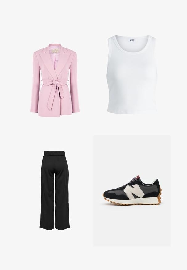 Hellrosa maßgeschneiderte Blazerjacke mit langen Ärmeln, spitzem Revers und einem Taillengürtel. Sie zeichnet sich durch eine glatte Textur und ein maßgeschneidertes, strukturiertes Design aus.; Weißes, geripptes Tanktop mit rundem Halsausschnitt, ärmellosem Design und kurzer Länge. Das Etikett trägt die Aufschrift "JJXX". Glatte Stoffstruktur.; Schwarze, weit geschnittene Hose mit elastischem Bund, aus glattem Stoff gefertigt. Hat ein cleanes Design ohne Taschen oder sichtbare Nähte.; Schwarze und graue Wildledersneaker mit einem großen cremefarbenen "N"-Logo, lila Schnürsenkeln und einer strukturierten Gummisohle.