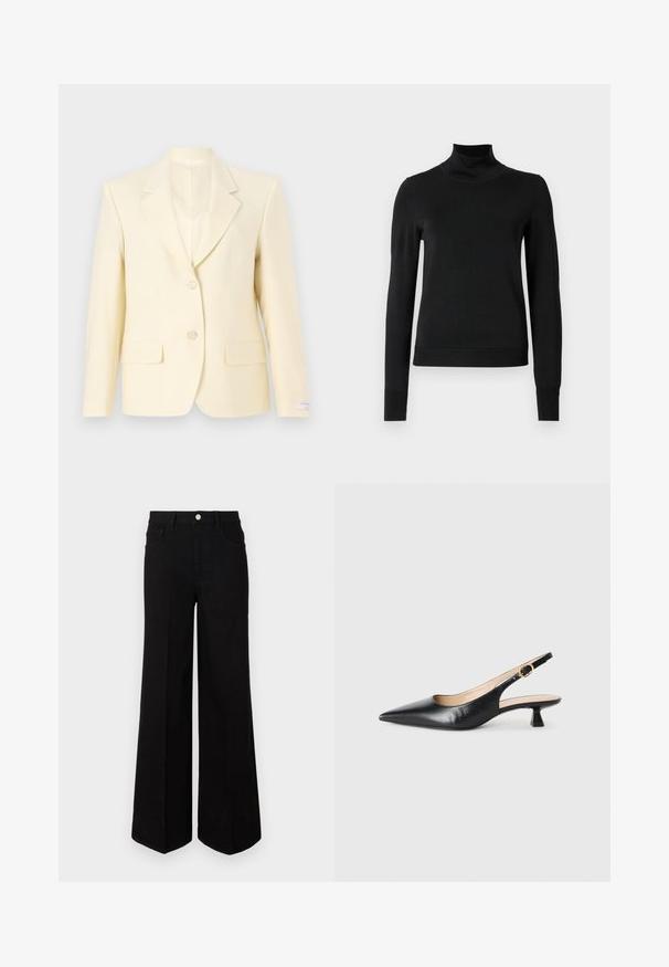 Világos sárga, fazonra szabott blézer, bemetszett gallérral, egy gombos záródással, két elülső zsebbel és sima szövettextúrával.; Fekete, hosszú ujjú garbós pulóver bordás mandzsettákkal és aljjal, sima fehér háttér előtt bemutatva.; Fekete, bő szárú farmernadrág, strapabíró anyagból készült, magas derékkal, elülső zsebekkel és elöl gombos záródással. Lapos szegély az alján.; Fekete bőr slingback kiskeretes cipő hegyes orral és arany csattal az oldalszíjban, fehér háttéren.