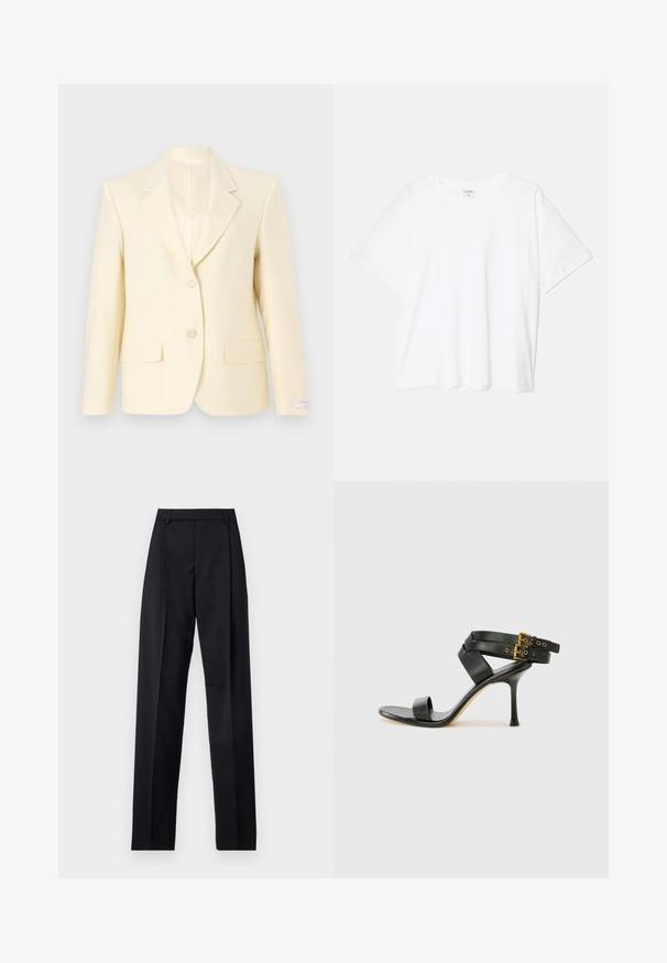Sacou galben deschis, croi pe măsură, cu rever tip notch, închidere cu un singur nasture, două buzunare frontale și textură de țesătură netedă.; Tricou alb din bumbac, cu mâneci scurte, guler rotund, croi lejer și tiv cusut. Eticheta este vizibilă pe interiorul gulerului.; Pantaloni negri dintr-un material neted, cu talie înaltă, picioare largi, pliuri frontale și loop-uri clasice pentru curea. Fără buzunare laterale vizibile.; Sandalie negre cu toc, cu curele încrucișate și cataramă ajustabilă. Prezintă o textură netedă și un toc stiletto conic.