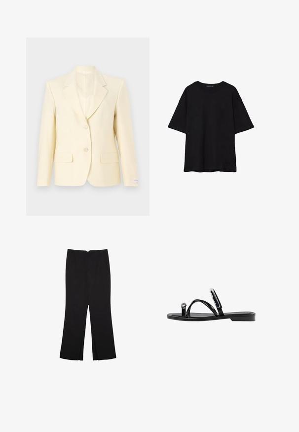 Jasnożółta dopasowana marynarka z klapami typu notch, na pojedynczy guzik, z dwoma przednimi kieszeniami oraz gładką fakturą materiału.; Czarna bawełniana koszulka z luźnym krojem, krótkimi rękawami, okrągłym dekoltem i gładką fakturą. Bez widocznych wzorów ani akcentów.; Czarne spodnie o prostym kroju, z przednimi kieszeniami i bocznymi rozcięciami na dole. Wykonane z miękkiego, gładkiego materiału. Odpowiednie na różne okazje.; Czarne płaskie sandały o błyszczącym wykończeniu, z trzema cienkimi paskami i okrąłym detalem metalowym na palcach. Smukły design z minimalnym obcasem.
