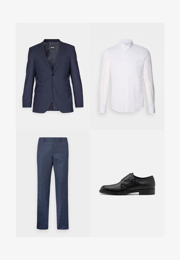 Tamsiai mėlynas švarkas, pagamintas iš tekstūruotos medžiagos, su vieno mygtuko dizainu, įpjovimais, dviem priekinėmis kišenėmis ir dviem mygtukais.; Baltas ilgas rankoves mygtukinis marškinys, pagamintas iš medvilnės, su klasikinio tipo apykakle, priekyje esančiais mygtukais ir minimaliais siuvinėjimo detalėmis.; Tamsiai mėlynos kelnės, pagamintos iš tekstūruoto audinio, su tiesiomis kojomis, lygia priekiu ir dviem šoninėmis kišenėmis. Nėra matomų raštų ar akcentų.; Juodas odinis vakariniu batų modelis su dviem sagtimis, elegantiška siluetas ir apvaliu nosiu. Yra žemas kulnas ir glotni tekstūra.