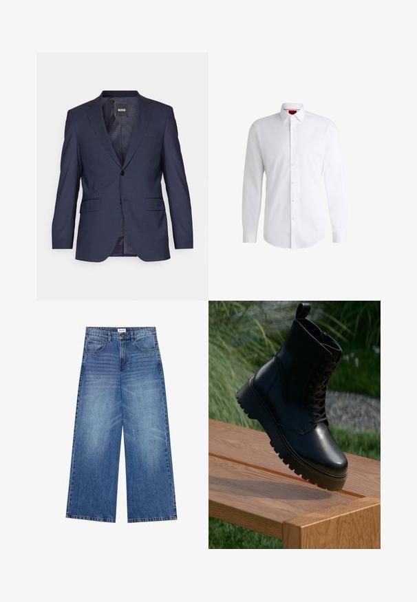 Sötétkék blézer struktúrált anyagból, egysoros fazonban, amelyeknél hajtókák, két elülső zseb és két gomb található.; Fehér gombos ing sima anyagból, klasszikus gallérral, hosszú ujjal és ívelt alsó résszel. Elülső részén bézs gombok találhatók.; Világoskék farmer széles lábú nadrág, gombos záródással, négy zsebbel és enyhén kopott textúrával az anyagon.; Fekete bőr bokacsizma texturált felülettel, fűzős elejével és vaskos, bordázott talpával. Fából készült felületen, fű háttérrel kiemelve.