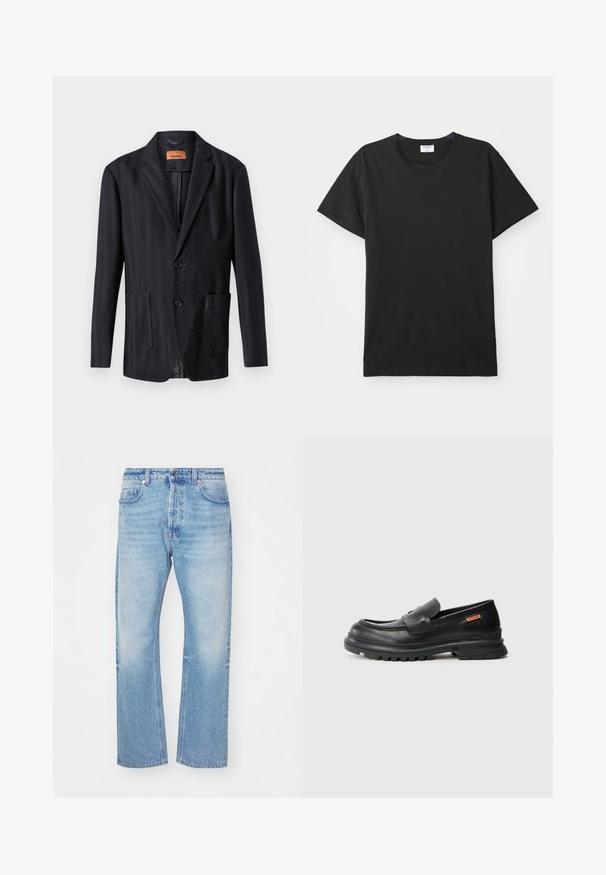 Mustra mustriga mustriga särg, millel on kaks eesmist taskut, lõhikud kleit, ja kaks nuppu. Sile tekstuur ja täpselt sobiv lõige.; Must linnase must T-särk lühikeste varrukatega ja ümarate kaelustega, valmistatud siledast puuvillast. Lihtne disain, ilma mustrite või aktsentideta.; Heled sinised teksad sirge jala kujundusega. Omavad õrna pleekimist, nupuga sulgemist ja viie tasku stiili klassikalise vöökoha ning välimusega.; Must have nahk Loafers ümarate varvastega, madala kontsaga ja paksu, tekstuuriga kummitald. Omab õmblusaksenti ja väikest logo küljes.