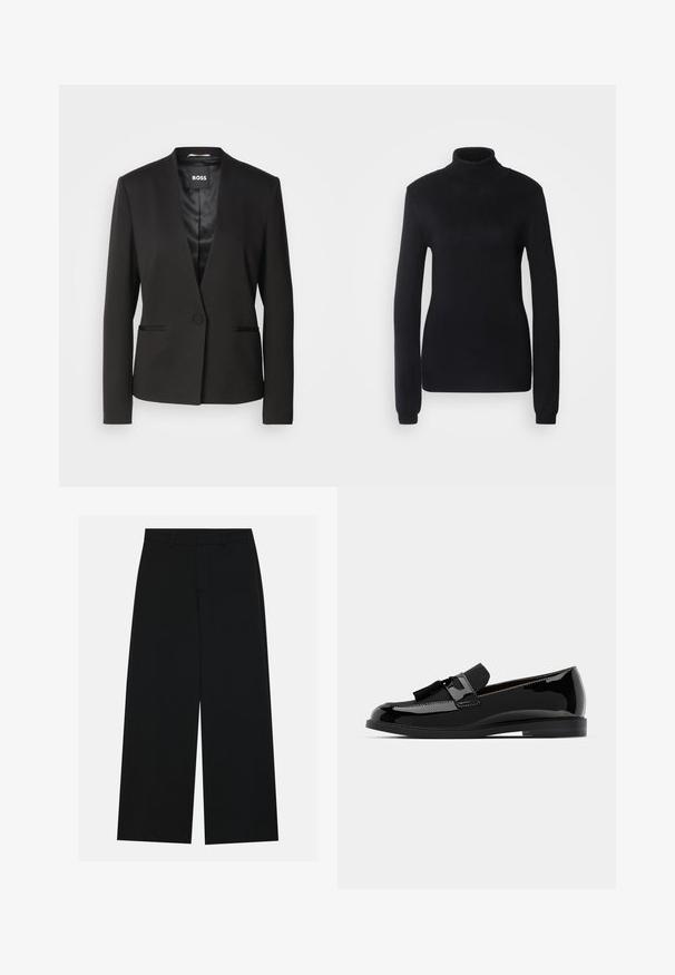 Schwarzer Blazer mit Reverskragen, einem Knopfverschluss und zwei Fronttaschen. Hergestellt aus glattem Stoff mit satinierter Innenseite.; Schwarzer Rollkragenpullover aus weichem Strickmaterial, mit langen Ärmeln und schmaler Silhouette sowie einem gerippten Kragen und Saum.; Schwarzweite Hosen mit weitem Bein aus glattem Stoff. Besitzt einen flachen Bund mit Gürtelschlaufen und ohne sichtbare Taschen. Schlichtes Design.; Schwarze Lackleder-Mokassins mit flachem Absatz, ausgestattet mit einem Quastenakzent und glatter Oberfläche, entworfen mit einer abgerundeten Zehe und subtiler Naht.