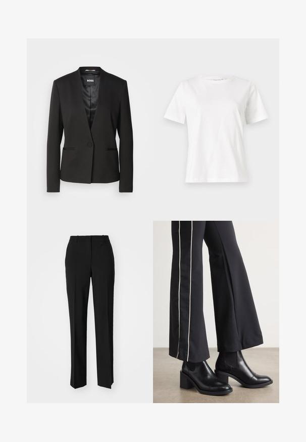 Fekete blézer éles gallérral, egysoros gombolással és két elülső zsebbel. Simább anyagból készült, selyemfényű béléssel.; Fehér pamut póló rövid ujjakkal, kerek nyakkivágással és laza szabással. Sima textúra, nincsenek minták vagy díszítések, minimalista dizájn.; Fekete, testhezálló nadrág egyenes szárú kivitelben, sima textúrával és éles redőkkel az elején. Nincs látható fémalkatrész.; Fekete bőr bokacsizma, tömbsarkúval, oldalán rugalmasszal ellátott panelek találhatók. Fekete nadrággal párosítva, amelynek fehér oldalsávja van.