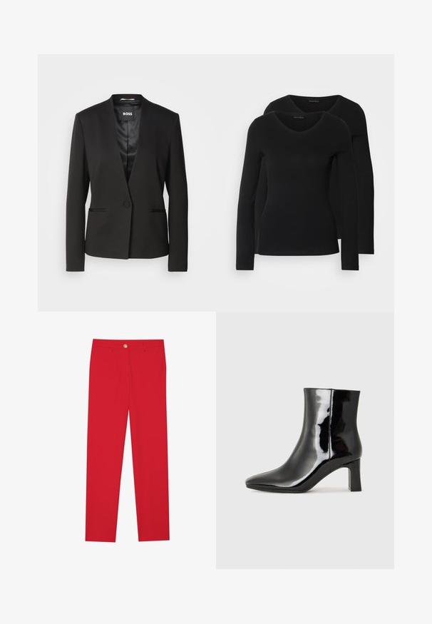 Blazer preto com colarinho recortado, fecho de um botão e dois bolsos frontais. Feito de um tecido suave com forro em acabamento satin.; Duas camisetas pretas de manga longa com design em V, feitas de um tecido macio e elástico, apresentando uma textura suave e um formato ajustado.; Calças vermelhas com corte reto, frente lisa, fecho com um único botão e dois bolsos laterais. Tecido liso sem padrões ou detalhes visíveis.; Botim de tornozelo em pele sintética preta com bico apontado e salto bloco de altura média. Textura suave e design minimalista.