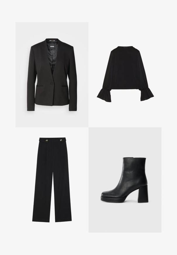 Blazer negro con cuello de muesca, cierre de un botón y dos bolsillos frontales. Fabricado en una tela suave con un forro de acabado satinado.; Top negro de manga larga con puños acampanados, textura suave y un ajuste relajado, con un sencillo cuello redondo.; Pantalones de pierna ancha negros con cintura alta, detalles de botones en la cinturilla y pliegues en la parte delantera.; Botín de cuero negro con tacón cuadrado y suela de plataforma, visto de lado sobre un fondo blanco liso.