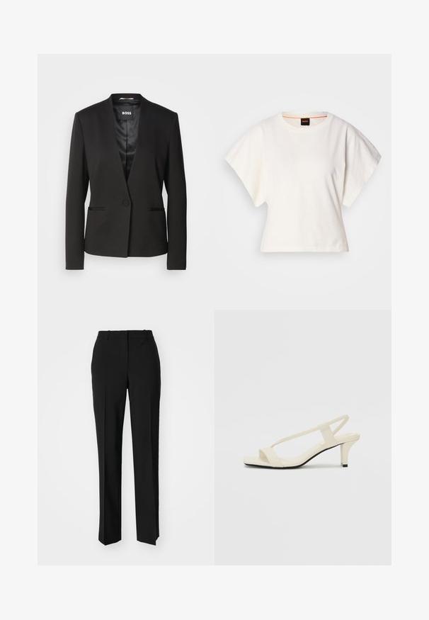 Blazer noir avec un col à cran, fermeture à un bouton et deux poches avant. Fabriqué en tissu lisse avec une doublure satinée.; T-shirt blanc cintré, manches courtes et larges, en coton doux, décolleté rond avec une discrète bordure orange, design minimaliste, sans motifs ni graphiques.; Pantalon noir ajusté avec une coupe droite, présentant une texture lisse et des plis nets sur le devant. Aucune quincaillerie visible.; Sandales beiges à talons carrés avec des fines brides et un bout carré. Matière lisse avec des détails minimaux, conçues pour un port facile.