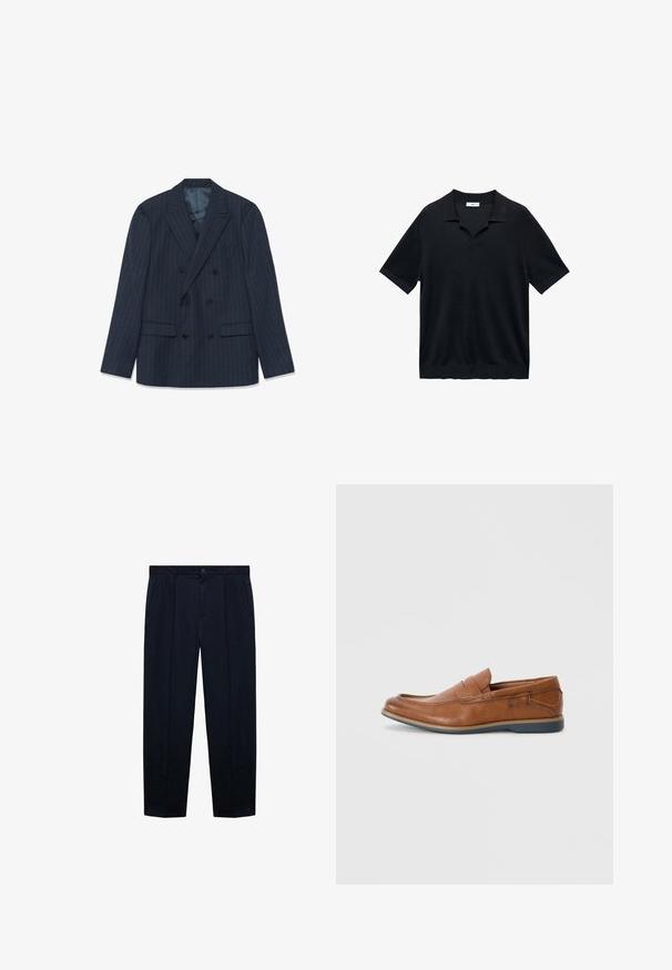 Navy blue double-breasted blazer with thin pinstripes, peak lapels, and flap pockets, laid flat on white background.; Black short-sleeve polo shirt featuring a V-neck, flat collar, and ribbed texture. Material appears lightweight and smooth.; Navy blue, flat-front trousers made of lightweight fabric with a smooth texture; features a button closure and two side pockets.; Brown leather loafers with a round toe, stitched accents, and a low rubber sole. The design features a band across the upper.