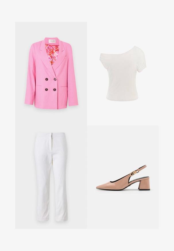 Fabienne Chapot REGGY - Bleizeris - pink glow; Balta off-the-shoulder t-shirts, pagaminta iš minkšto, lengvo audinio. Trumpi rankovės, aptemptas siluetas ir sukurtas apvadas. Lygus tekstūra.; Balti medvilniniai kelnių su tiesiu kojų dizainu, turintys vidutinį liemenį ir be matomų detalių ar raštų. Lygi tekstūra visame paviršiuje.; Glossy nude lakinės medžiagos pėdkelnių bateliai su smailiu kojų pirštu, turintys vidutinio aukščio blokinį kulną ir aukso spalvos detales ant dirželio.