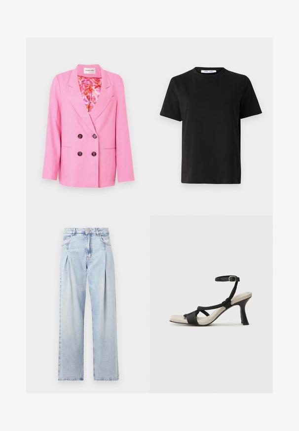 Fabienne Chapot REGGY - Blazer - pink glow; Svart kortermet t-skjorte laget av myk bomull, med rund hals, avslappet passform og en jevn tekstur. Ingen synlige mønstre eller grafikk.; Lyseblå denimjeans med høy livlinje, vide ben, to sidelommer og plisserte detaljer. Myk tekstur med en falmet finish.; Sorte helårs sandaler med flettet stroppesdesign, firkantet tå og justerbar ankelrem. Lys beige fotseng med glanset svart hæl.