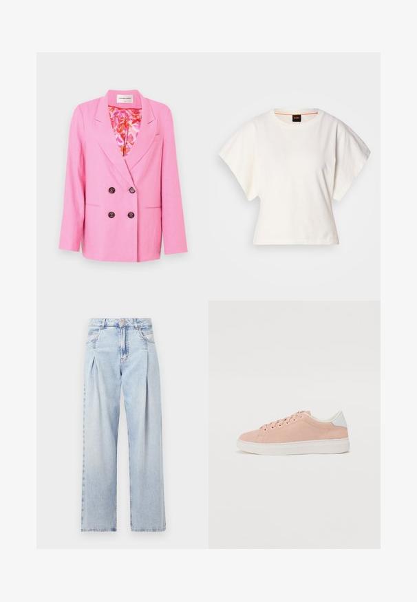 Fabienne Chapot REGGY - Blazer - pink glow; T-shirt bianca cropped, maniche corte e larghe, tessuto di cotone morbido, scollatura rotonda con bordino arancione sottile, design minimale, senza motivi o grafiche.; Jeans in denim azzurro chiaro con vita alta, taglio a gamba larga, due tasche laterali e design plissettato. Texture morbida con una finitura sbiadita.; Sneaker in suede rosa chiaro con suola in gomma bianca, punta arrotondata e accentuazione bianca sul tallone. Caratterizzato da lacci piatti e una marca minima sul lato.