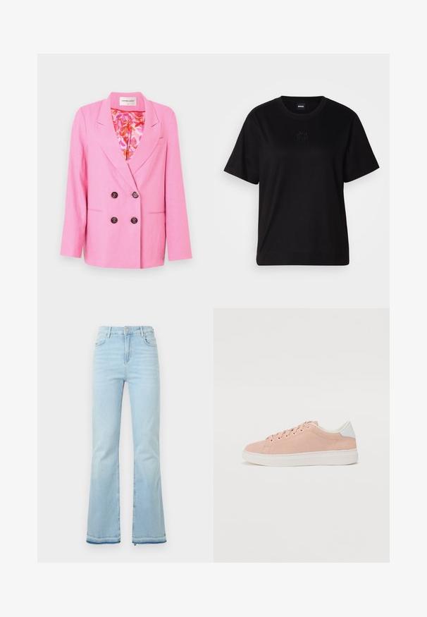 Fabienne Chapot REGGY - Blejzer - pink glow; Čierne bavlnené tričko s okrúhlym výstrihom, krátkymi rukávmi a vyšívaným logom na hrudi. Jednoduchý, voľný strih bez vzorov.; Svetlomodré rozšírené džínsy z denimovej látky, s vysokým pásom, prednými vreckami a surovým lemom na manžetách pre ležérny vzhľad.; Svetloružové semišové tenisky s bielou gumovou podrážkou, zaoblenou špičkou a bielym akcentom na päte. Obsahujú ploché šnúrky a minimálne logo na boku.