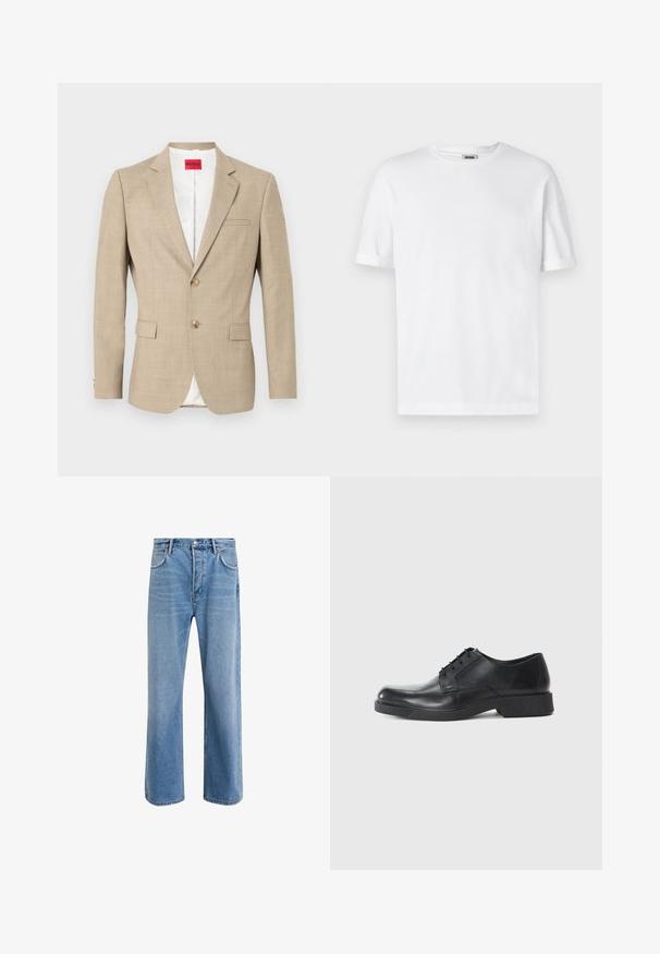Beige blazer laget av teksturert stoff, en-knappet med to knapper, to frontlommer og hvit fôr. Har klassiske slag.; Hvit bomulls t-skjorte med rund hals, kort erme og rullede mansjetter; ensfarget design, myk tekstur og rett snitt.; Lys blå denimjeans med rett ben-design, fem lommer, knappeåpning, minimal falming og kontrasterende sømdetaljer.; Sorte lærdressko med rund tå, snøring og lav blokkhel. Jevn tekstur og minimalistisk profil.