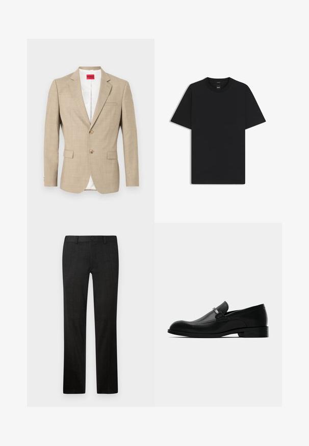 Beige blazer van textuurstof, éénrijige knoopsluiting met twee knopen, twee voorzakken en een witte voering. Kenmerkt zich door klassieke revers.; Zwarte korte mouwen T-shirt van een gladde katoenmix, met een ronde halslijn en een minimalistisch ontwerp zonder patronen of accenten.; Zwarte tailleurbroek van textiel met een gestructureerde stof, met een recht model, rits aan de voorkant en knoopsluiting.; Zwarte leren herenschoen met een metalen design en een lage hak, weergegeven vanuit de zijkant op een witte achtergrond.