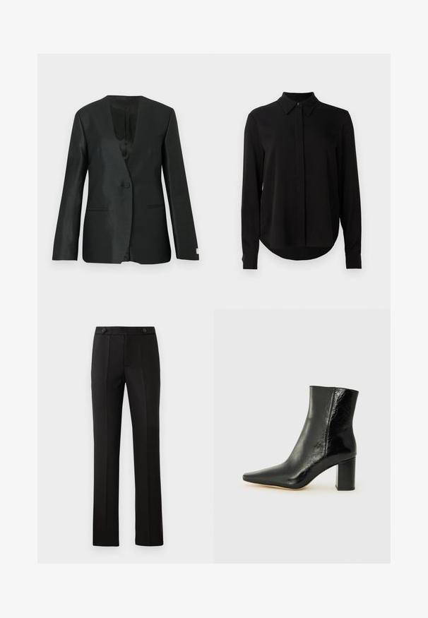 Black blazer with a satin finish, single-button closure, notched lapels, and slightly padded shoulders. Features two side pockets.; Black long-sleeve blouse with pointed collar, concealed button placket, and curved hem against a plain white background.; Black tailored trousers with a straight leg, two front pockets, a button closure, and pleat detailing on the front. Smooth fabric texture.; Black ankle boot made of glossy leather with a pointed toe and a chunky, square heel. Features a smooth texture and minimalistic design.