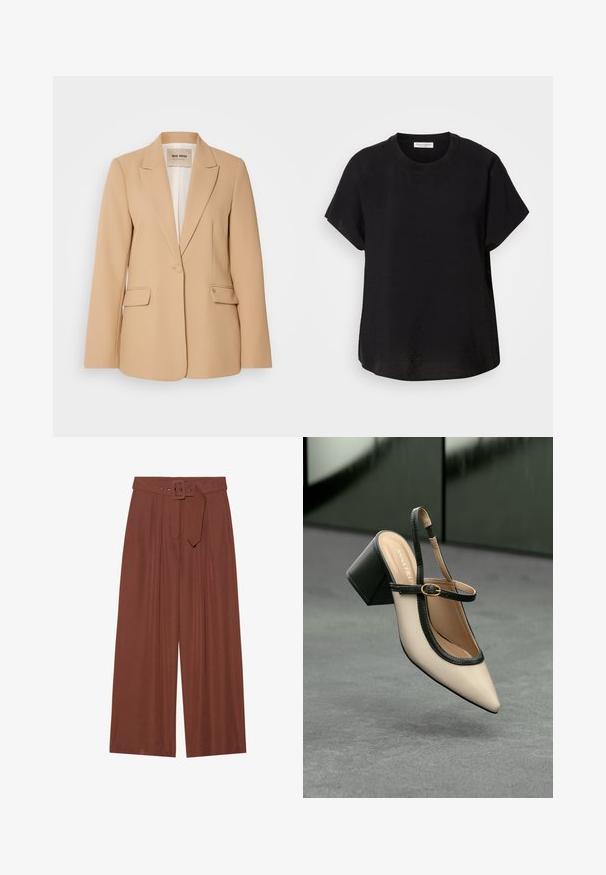 Blazer bej cu un design structurat, închidere cu un singur nasture, două buzunare frontale și un finisaj neted. Interiorul căptușit oferă un plus de confort.; Tricou negru cu mânecă scurtă și decolteu rotund. Confecționat dintr-un material ușor, având o croială lejeră și un tiv drept la baza.; Pantaloni evazați din țesătură maro, prevăzuți cu un curea cu cataramă pătrată, design pliat și textură netedă.; Pantof divers în nuanță bej, cu vârf ascuțit, curea de susținere în spate, cu margine neagră, cataramă aurie și toc gros pe un podea gri, cu un fundal verde închis.