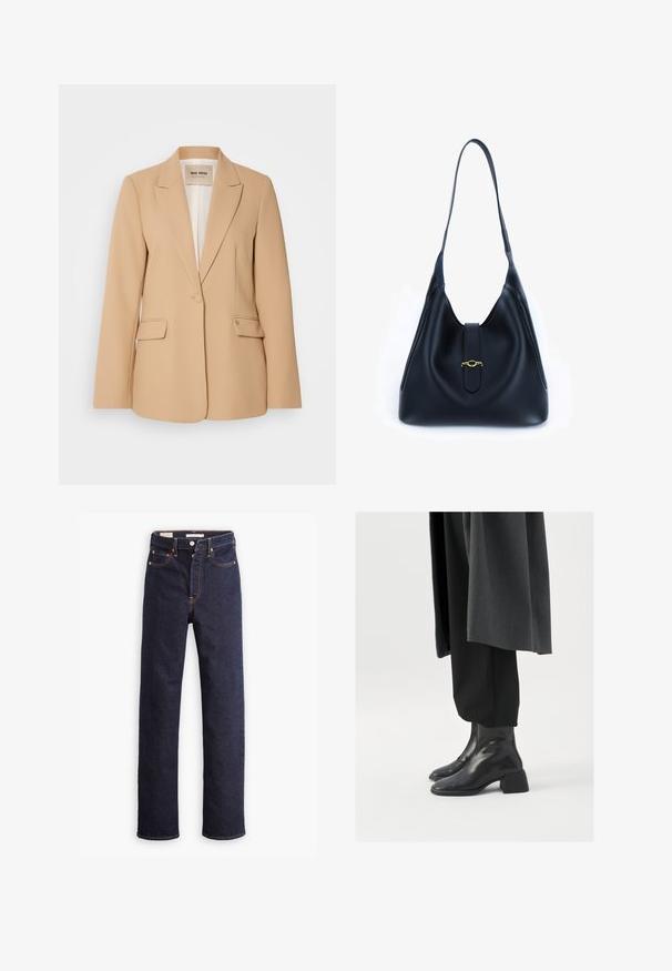 Blazer beige con un design strutturato, chiusura a bottone singolo, due tasche frontali e una finitura liscia. L'interno foderato offre un comfort aggiuntivo.; Maglione a collo alto blu navy a maniche lunghe. Realizzato in tessuto morbido con una texture liscia. Presenta un design aderente e un alto collo senza cuciture visibili.; Jeans in denim blu scuro a gamba dritta con cinque tasche e cuciture arancioni a vista su uno sfondo bianco.; Stivaletti neri in pelle con punta quadrata e tacco spesso, indossati con pantaloni neri larghi e un cappotto grigio scuro. Texture della superficie liscia.; Borsa a tracolla in pelle nera con un design morbido e rilassato. Presenta una tracolla piatta e una chiusura centrale decorata con un accento dorato.