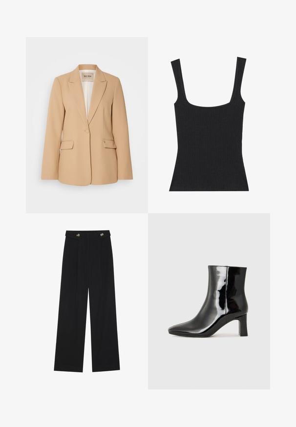 Beige blazer met een gestructureerd ontwerp, sluiting met één knop, twee voorzakken en een gladde afwerking. Gevoerde binnenkant biedt extra comfort.; Zwarte geribbelde tanktop met een vierkante halslijn en slanke, verstelbare bandjes. De stof heeft een gestructureerd patroon en een nauwsluitend ontwerp.; Zwarte wijde broek met hoge taille, knoopdetails op de tailleband en plooien aan de voorkant.; Zwarte gepolijste leren enkellaars met een spitse neus en een blokhak van gemiddelde hoogte. Glad textuur en minimalistisch ontwerp.
