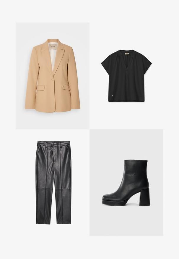 Beige bleiser, mille struktuurse disainiga, ühe nupu sulgemisega, kahe esiosa taskuga ja siledast viimistlusest. Vooderdatud sisemus pakub lisamugavust.; Mustem lühikeste varrukatega pluus V-dekoltee ja õlavarre kogumise detailidega ning tagasihoidliku logo aktsendiga hemisel. Sile tekstuur.; Mustad nahkpüksid sileda tekstuuriga, sirge lõikega, kahe eesmine taskuga ja nähtavate õmblusteta.; Must musta ankle boot, milleplokk-konts ja platvormi tallaga, vaadatud küljelt ühetoonilise valge tausta peal.