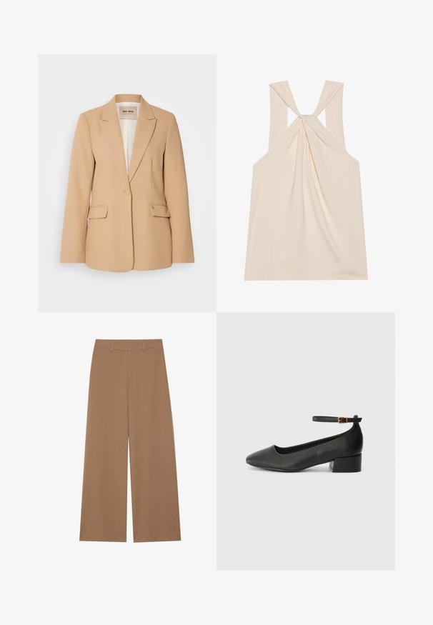 Blazer bej cu un design structurat, închidere cu un singur nasture, două buzunare frontale și un finisaj neted. Interiorul căptușit oferă un plus de confort.; Top bej elegant, cu un design cu spatele răsucit, material moale, bretele late și o formă în A cu o siluetă fluidă.; Pantaloni wide-leg de culoare maro solid, realizati dintr-un material texturat; au o talie inalta si un design structurat, cu bucle pentru curea.; Pantof cu toc negru din piele, cu vârf ascuțit și toc mic pătrat. Dispune de o curea la gleznă cu o cataramă în tonuri de aur. Textură netedă.