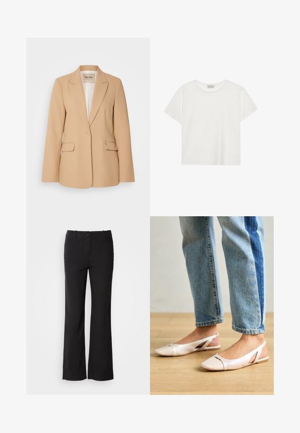 Beige blézer strukturált kialakítással, egy gombos záródással, két elülső zsebbel és sima felülettel. Bélelt belső tér extra kényelmet biztosít.; Fehér, rövid ujjú póló, puha pamutból készült. Kerek nyakkivágással és laza szabással rendelkezik. Tiszta dizájn, látható minták vagy díszítések nélkül.; Fekete pamut keverék nadrág egyenes szárú dizájnnal, elülső gombos záródással és két oldalsó zsebbel. Simára kialakított textúra, nincs látható minta.; Világos rózsaszín slingback laposlábú cipők, hegyes orral, sima bőrhatású anyagból készült. Oldalt kivágott részletek találhatók rajta, valamint lapos sarkú.