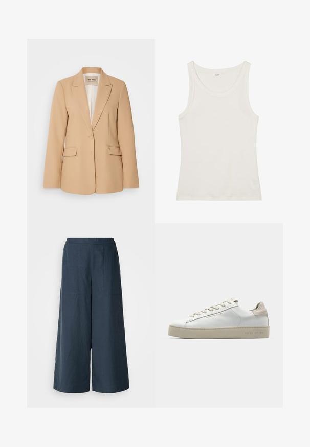 Bežinis švarkas su struktūrizuotu dizainu, vieno mygtuko užsegimu, dviem priekiniais kišenėmis ir lygia danga. Fodera suteikia papildomą komfortą.; Balta medvilnės marškinėliai be rankovių su plačiu kaklu ir plonomis petnešėlėmis. Lygus paviršius be matomų raštų ar papuošimų.; Platų kojų kelnės tamsiai mėlynos spalvos, pagamintos iš lengvos medžiagos. Turtinga šiek tiek tekstūruota paviršiaus, elastinga juosmens juosta ir priekiniai siūlai.; Balti odiniai sportbačiai su lygiu paviršiumi, šviesiai rudos suede akcentais, apvalia nosimi, plokščiu raištelių užsegimu ir tekstūruotu guma pagamintu padu.