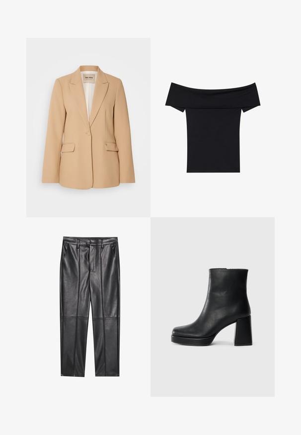 Beige bleiseri, jossa on jäsennelty muotoilu, yksittäinen nappikiinnitys, kaksi etutaskua ja sileä pinta. Vuorattu sisäosa tarjoaa lisää mukavuutta.; Mustat olkaimeton paita, joka on valmistettu pehmeästä joustavasta kankaasta. Ominaisuuksiin kuuluvat lyhyet hihat ja kirkas istuvuus. Yksinkertainen, saumatoin muotoilu.; Musta nahkahousut, joissa on sileä pinta, suora leikkaus, kaksi etutaskua ja näkyvät saumat.; Musta nahkasaapas nilkkapituisena, jossa on paksu korko ja alustapohja, nähtynä sivulta yksinkertaisella valkoisella taustalla.
