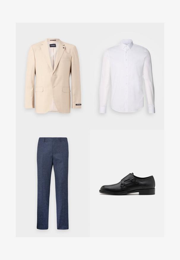 Bež sahkand, millel on tekstuuriga kangas, kaks nuppu, rinnatasku ja kaks esitaske. Sisaldab sildiga vooder.; Valge pikkade varrukatega nööpidega särk, mis on valmistatud puuvillast, klassikalise krae, eest nööpide ja minimaalsete õmblusdetailidega.; Tumed sinine püksid, mis on valmistatud tekstuuriga kangast, sirgete jalgega, tasase esiosa ja kahe küljetaskuga. Ilma nähtavate mustrite või aksessuaarideta.; Musta nahast kleitking, kus on kaks pandlat, voolava silueti ja ümarate varvastega. Omab madalat kontsa ja siledat tekstuuri.