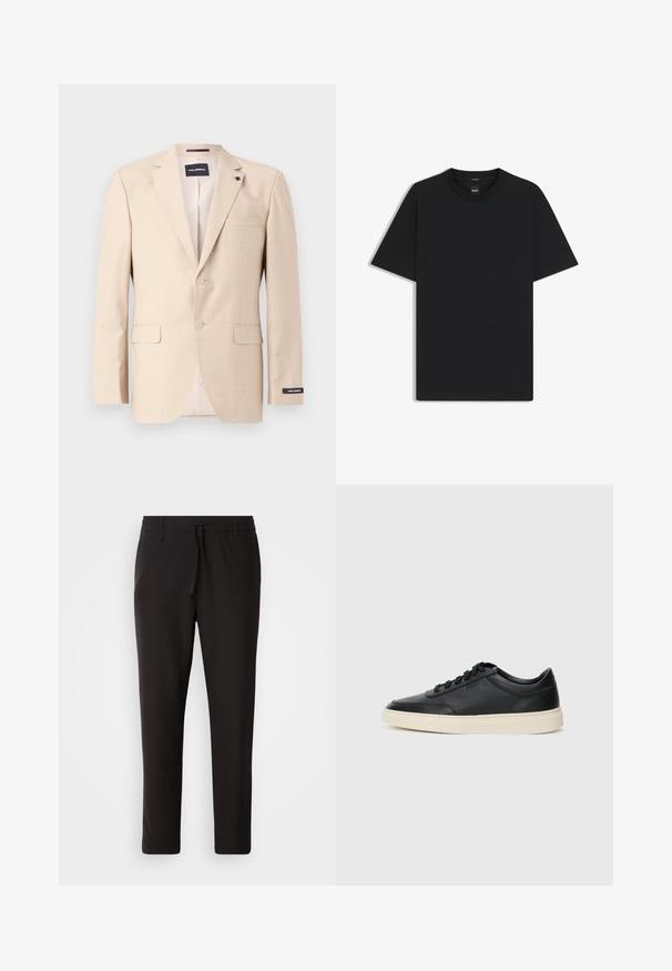 Beige blazer van gestructureerde stof met twee knopen, een borstzak en twee voorzakken. Inclusief een gelabelde binnenvoering.; Zwarte korte mouwen T-shirt van een gladde katoenmix, met een ronde halslijn en een minimalistisch ontwerp zonder patronen of accenten.; Zwarte joggingsbroek van gladde stof. Kenmerkt zich door een elastische tailleband met een trekkoord, taps toelopende benen en geen zichtbare zakken. Eenvoudig ontwerp.; Zwarte leren sneaker met lage schacht, zwarte veters en off-white zool, weergegeven in zijprofiel op een witte achtergrond.
