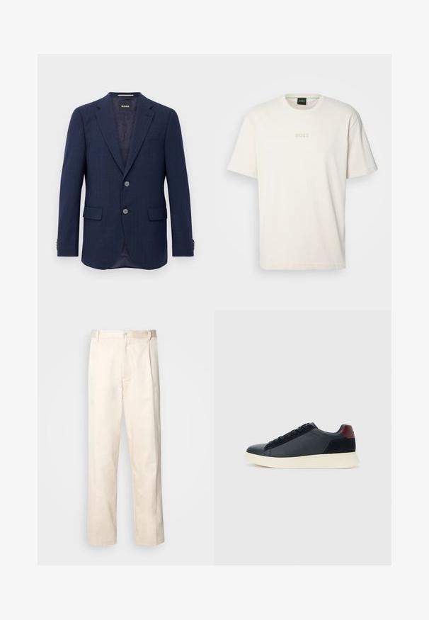 Moški navy blue blazer z dvema gumboma, zareznim ovratnikom, žepoma s poklopcem in temnim podlogom, predstavljen na beli podlagi.; BOSS TEE - Navadna majica - open white; Bež cottone hlače s ravnim krojem, ki imajo gumbasto zapiranje in nabore spredaj za dodatne detajle.; Nizke moške tenisice iz črnega usnja in semiša z vijoličnim petnim delom in belim gumijastim podplatom, prikazane s sprednje strani.