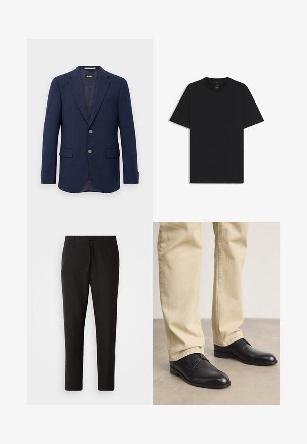 Men’s navy blue blazer with two buttons, notch lapel, flap pockets, and inner dark lining, displayed against a white background.; Black short-sleeve T-shirt made from a smooth cotton blend, featuring a crew neckline and a minimalistic design with no patterns or accents.; Black jogger pants made of smooth fabric. Feature an elastic waistband with a drawstring, tapered legs, and no visible pockets. Simple design.; Black leather lace-up shoes with a rounded toe, smooth finish, and subtle stitching details, worn with light beige pants.