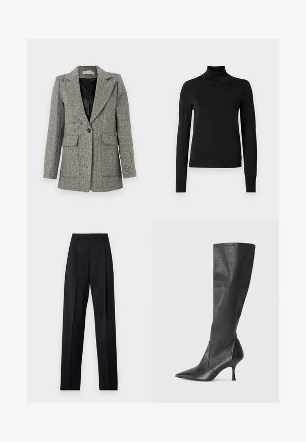 Sako so vzorom rybej kosti v sivej farbe, s vykrojeným golierom, zapínaním na jeden gombík, dvoma prednými vreckami a čiernou podšívkou.; Čierny dlhý rukáv rolák s rebrovanými manžetami a lemom, zobrazený na čistej bielej pozadí.; Čierne nohavice vyrobené z hladkej látky s vysokým pásom, širokými nohavicami, prednými záhybmi a klasickými pútkami na opasok. Žiadne bočné vrecká nie sú viditeľné.; Čierne kožené čižmy do výšky kolien s špicatou špičkou a úzkym stiletto podpätkom. Hladká textúra s priliehavým dizajnom a prešitím na vrchnom okraji.