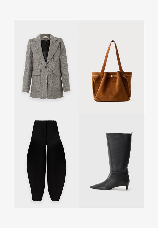 Herringbone-patterned blazer in gray, featuring a notched collar, single button closure, two front pockets, and a black lining.; Black sleeveless top with thin straps, loose fit, and gathered hem. Made of lightweight fabric with a smooth texture.; Black wide-leg trousers with a high waist, pleated front, and tapered ankles. Made from smooth fabric with a matte finish.; Black leather knee-high boot with a pointed toe, accented by a circular strap around the ankle and a low, tapered heel. Smooth texture.; Brown suede tote bag with dual handles, a button closure strap, and a relaxed, slightly slouchy shape.