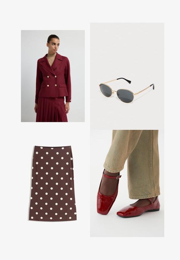 Vrouw in een bordeauxrode dubbelgebreide blazer met gouden knopen en een bijpassende geplooide rok over een beige coltrui.; Bruine top met lange mouwen en een ronde halslijn, voorzien van grote witte stippen en een gesmokt detail bij de taille voor een aangesloten look.; Bruine rok met witte stippen, rechte snit, tot de knie, gemaakt van gladde stof met een elastische tailleband.; Rode lakleren schoenen met een vierkante neus, lage hak en enkelbandje, gecombineerd met lichtgroene wijde jeans. Glad textuur, reflecterend oppervlak.; Ovale zonnebril met donkere lenzen, gouden metalen frame en gevlochten gouden zijkanten. Zwarte uiteinden op de armen versterken het ontwerp.; Bruine gevlochten leren tote bag met twee handvatten, een gestructureerde vorm en een getextureerd oppervlak, met een diamantpatroon overal.