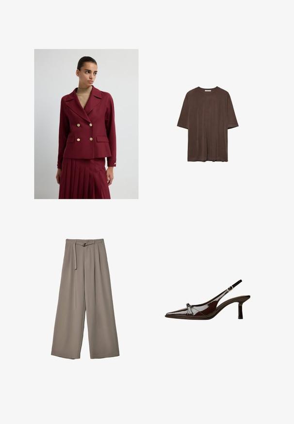 Donna che indossa un blazer bordeaux doppiopetto con bottoni dorati e una gonna plissettata abbinata su un maglione a dolcevita beige.; T-shirt marrone a maniche corte realizzato in tessuto morbido, con scollo rotondo e vestibilità comoda. Texture liscia senza motivi o dettagli.; Pantaloni a gamba larga in un morbido tessuto grigio tenue, con vita con cintura e pieghe per un tocco di design aggiuntivo. Texture liscia, senza motivi.; Scarpa slingback in pelle verniciata marrone con punta appuntita, tacco basso e un accentuato fiocco decorativo nella parte anteriore. Texture liscia e lucente.