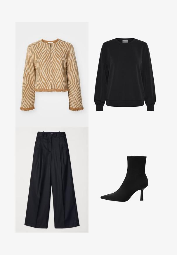 Kort, cropped jakke lavet af struktureret beige stof med hvide zigzag mønstre og frynsede kanter på ærmer og kant. Lynlås foran.; Sort sweatshirt med lange ærmer, rund hals og ribbede manchetter. Har en glat tekstur og et diskret logo-detalje på fronten.; Sorte breddebenede bukser lavet af glat stof, med høj talje, læg og skræddersyet design. Enkel sort hardware i talje.; Sort ankelstøvle lavet af glat stof, med spids tå og slank stilettohæl, i et sømløst design uden synligt hardware.