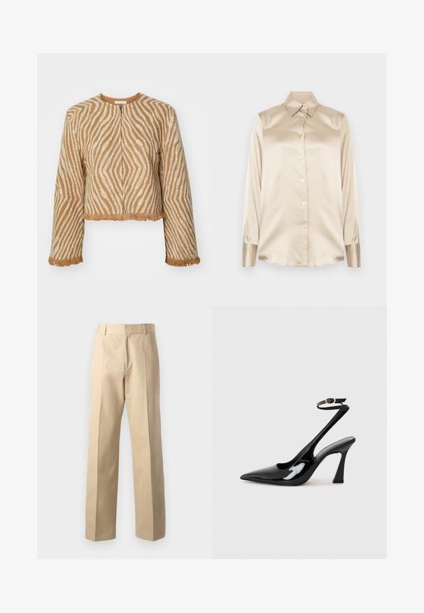 Kratka, skraćena jakna od teksturirane bež tkanine s bijelim cik-cak uzorcima i resicama na rukavima i rubu. Prednje zatvaranje na patentni zatvarač.; Bež satenasta košulja s oštrim ovratnikom, dugim rukavima, kopčanjem na gumbi i manžetama blago sjajnijeg završetka. Bez uzoraka ili naglasaka.; Bež hlače krojene na ravno s glatkom teksturom, središnjim prednjim nabora i klasičnim pojasom.; Crne lakirane slingback cipele s visokom potpeticom, u obliku špice, s podesivim remenom oko gležnja i umjerenom blok-potpeticom. Glatka tekstura s sjajnim završetkom.