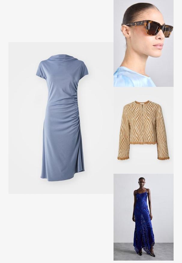 Rövid, rövidített kabát texturált bézs anyagból, fehér zig-zag mintákkal és rojtos szélű ujjakon és alján. Elöl cipzárral záródik.; Piros, rövid ujjú felső, sima anyagból készült. Széles szabású, hajónyakú, középen hasított részlettel rendelkezik. Egyszerű, egyszínű dizájn.; Rövid ujjú ruha világoskék színben, csepp szabású nyakkivágással és oldalsó gyűrődésekkel, laza siluettel és térd alatti hosszal.; Kék és lila állatmintás maxi ruha vékony pántokkal, testhez simuló felső résszel, kibővített szoknyával és áttetsző díszítéssel.; Tortakártyás napszemüveg vastag, téglalap alakú kerettel. Sötét lencsék és arany színű díszítések a szárakon. Simító, fényes felület.; Ezüst gyöngy fülbevalók, ívelt, bab forma. Simább, fényes felület és rögzített kapocs és hátlap.